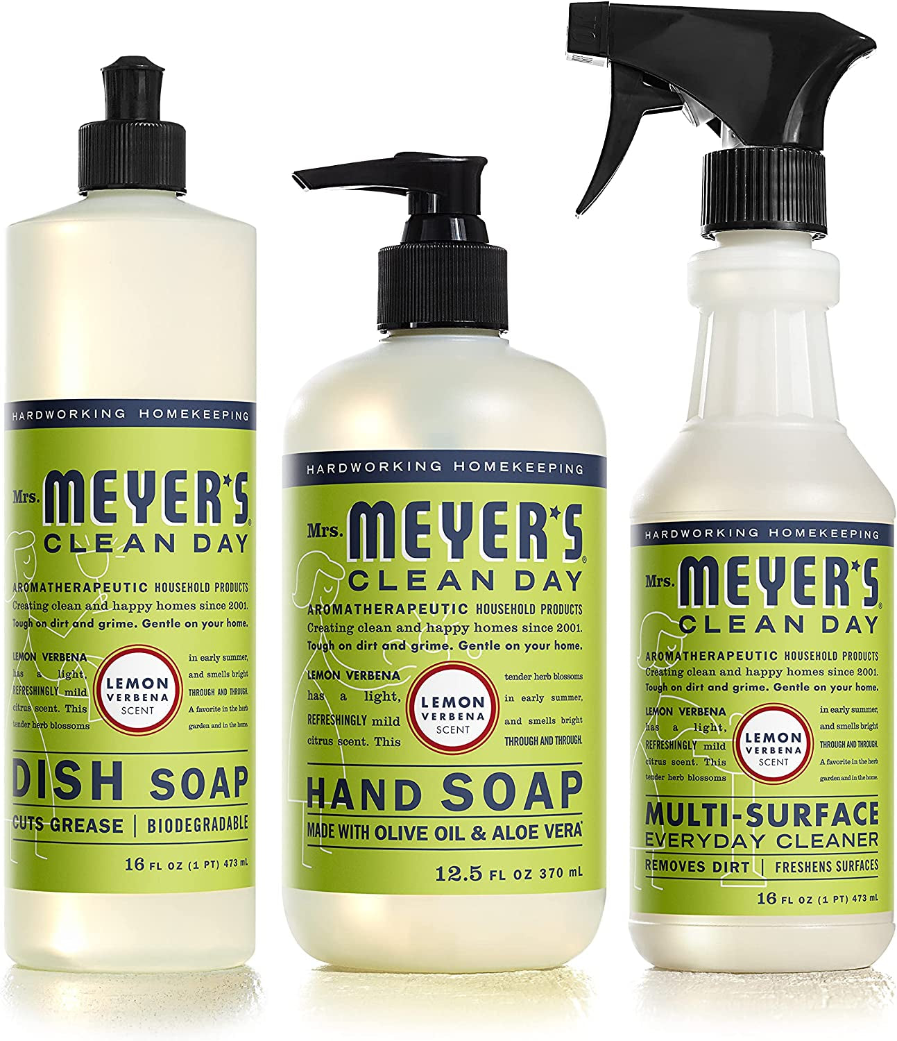 Mrs. Meyer's Kitchen Essentials Set, Includes: Hand Soap, Dish Soap, and All Purpose Cleaner, Geranium, 3 Count Pack