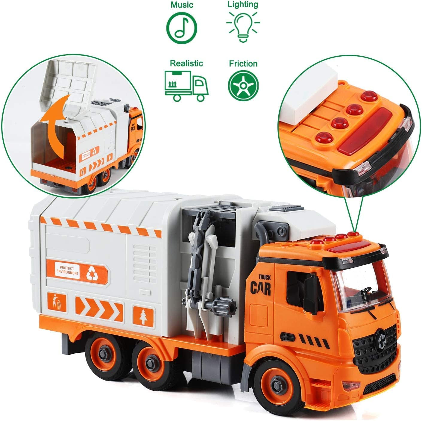 Garbage Truck Toys for 3 4 5 6 7 8 Year Old Boys, Flanney DIY Friction Powered Waste Management Recycling Truck Toy Set with 4 Trash Cans Toy Vehicle with Light and Sound Gifts for Boys Girls Toddlers