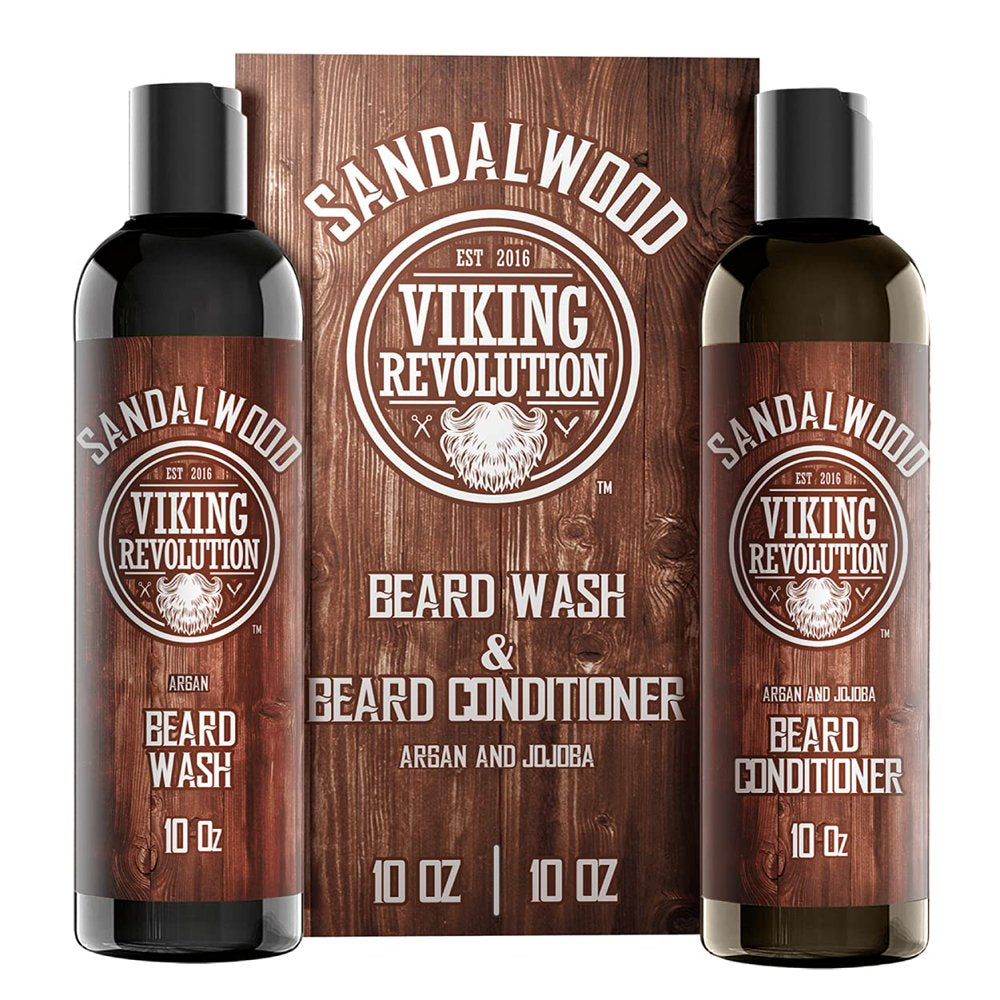 Beard Wash & Beard Conditioner Set, Argan & Jojoba Oils - Natural Sandalwood Scent - Beard Shampoo & Beard Oil - 10 Oz