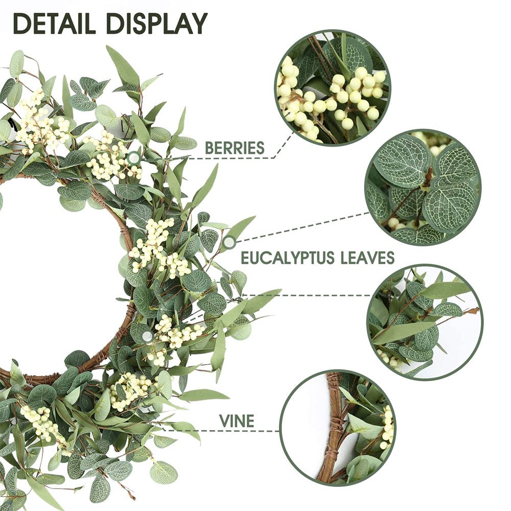 Artificial Eucalyptus Wreath for Front Door Decor Fall Wreath Green Leaf Wreath for Farmhouse Wall Decor Window Front Porch Decor Patio Garden Decor