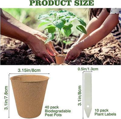 40Pcs 3.15 Inch Peat Pots, Biodegradable Eco-Friendly Round Plant Seedling Starters Kit