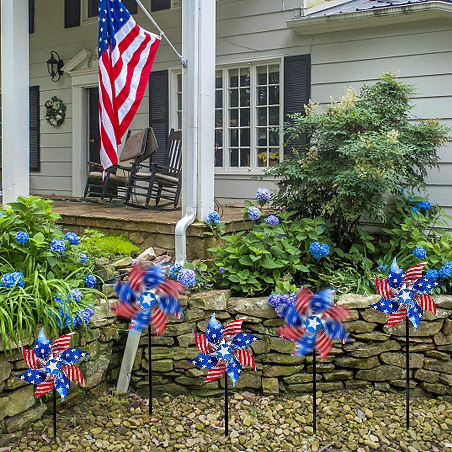 10 Pack Reflective Pinwheels Patriotic Decorations, American Flag on Stick Wind Spinner with Stake for Independence Day, Memorial Day July of 4th Party Supplies, Scare Birds Repellent Devices