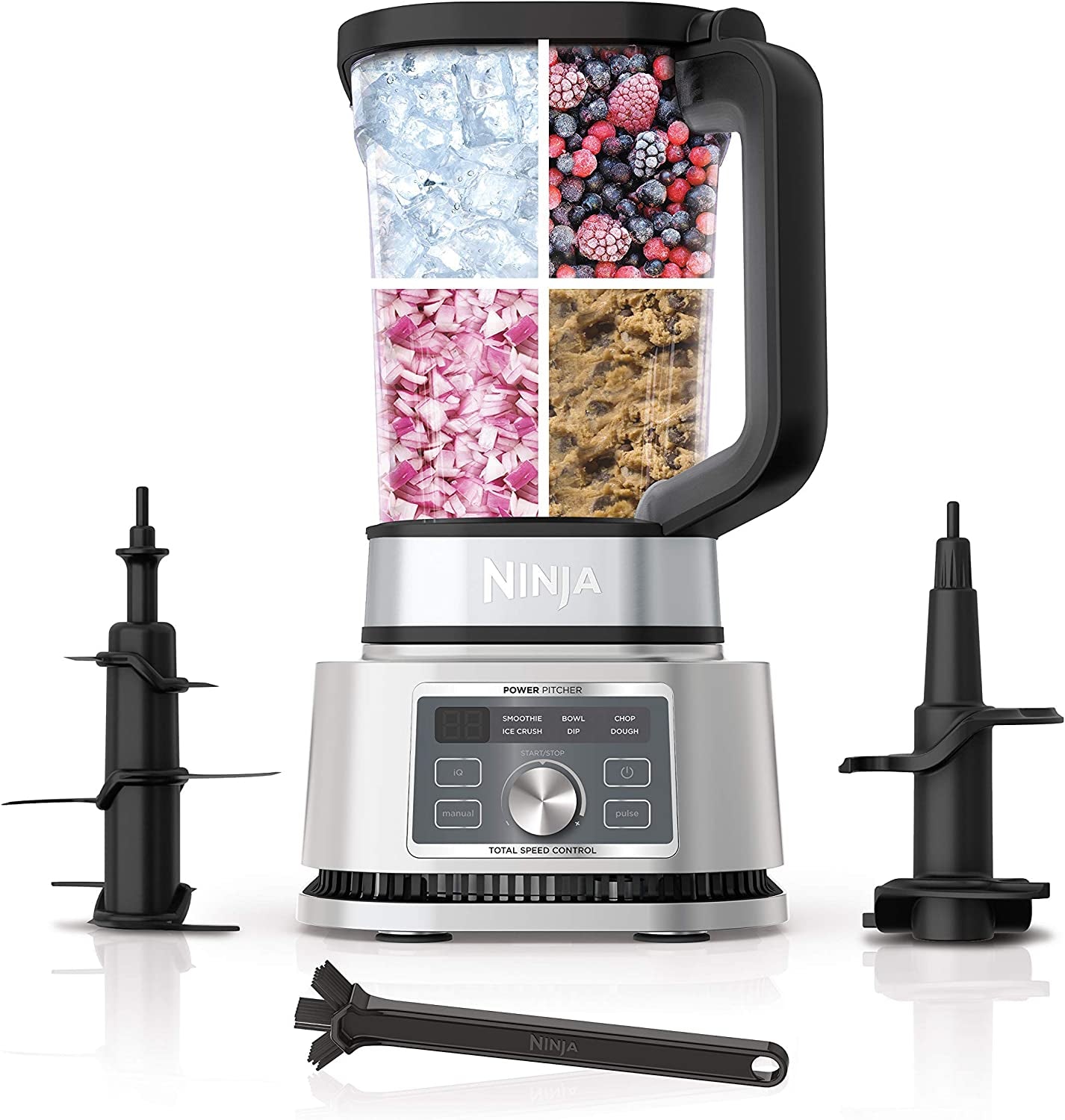 Ninja SS201 Foodi Power Pitcher 4In1 Smoothie Bowl Maker Crushing Blender Dough Mixer Food Processor 1400WP Smarttorque 6 Auto-Iq Presets, with a Stainless Silver Finish (Renewed) (Ninja SS201)