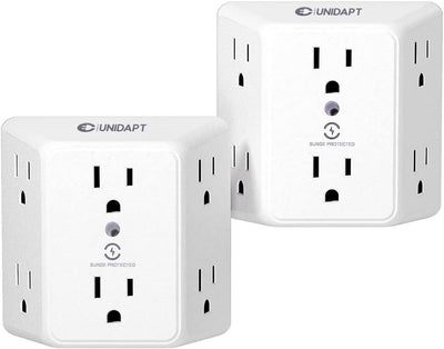 Multi Plug 6 Outlet Extender, 2 Pack Surge Protector Wall Splitter, 1800J Power Strip 3 Side Wide Spaced Adapter Multiple Charger Expander, Mountable Wall Tap for Office Home Travel ETL Listed