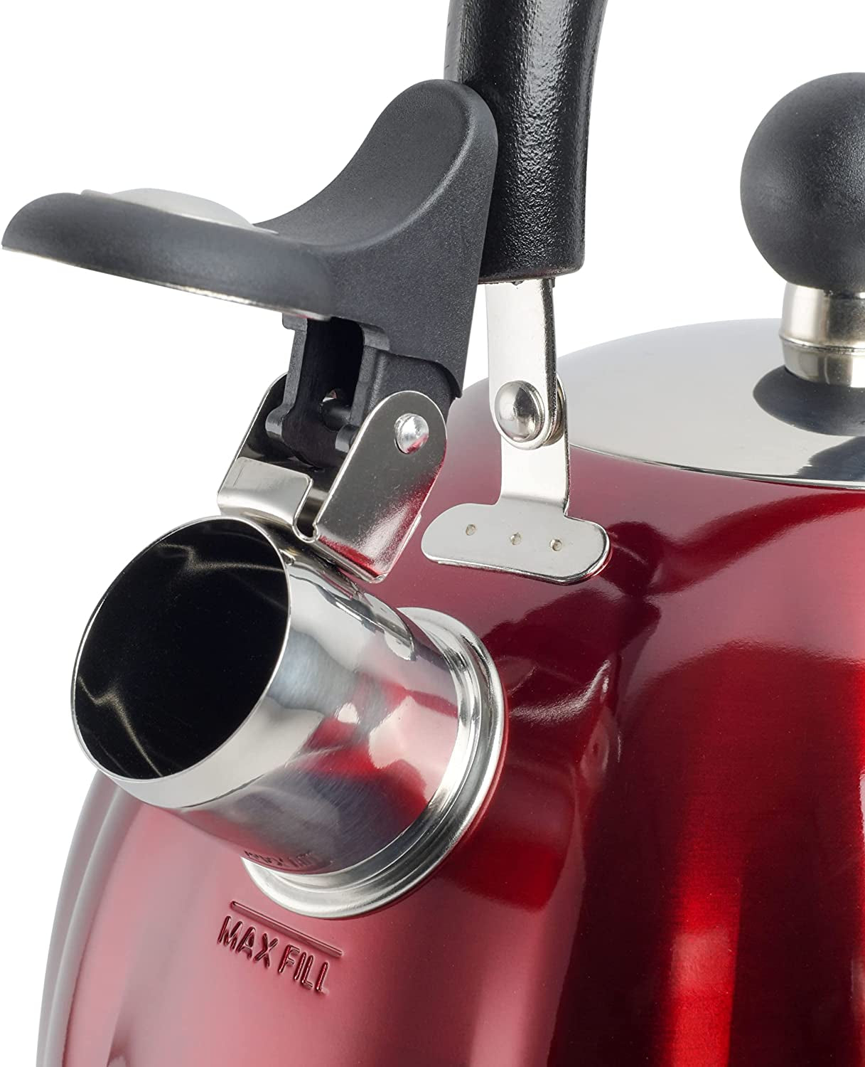 Mr. Coffee Twining 2.1 Quart Pumpkin Shaped Stainless Steel Whistling Tea Kettle, Metallic Red