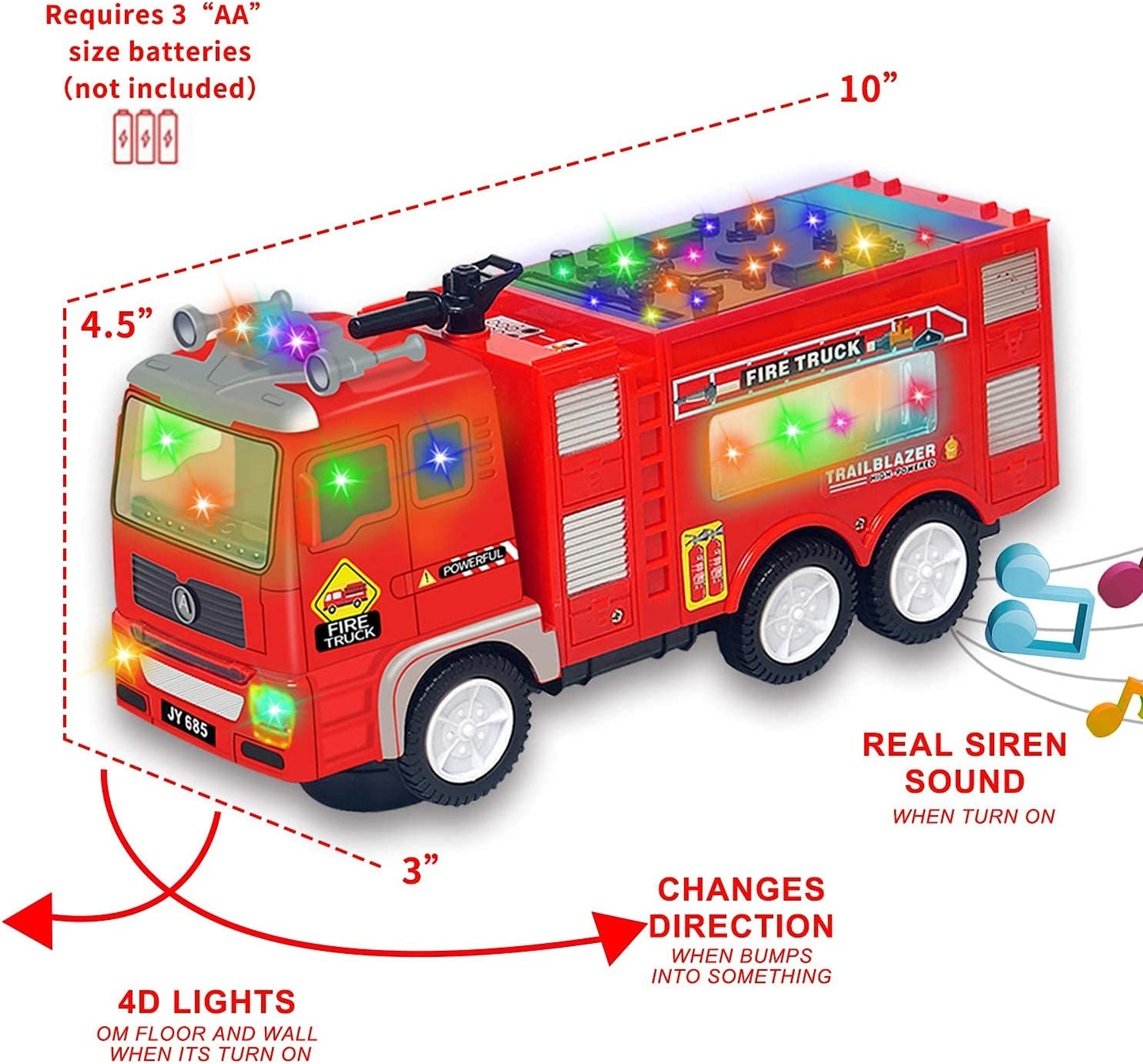 4D Lights up Trucks Toys for 3 4 5 6 Year Old Boys Girls,Toddler Toys Electric Fire Truck with Bright Flashing Lights and Sounds,Bump&Go Car Toy for Imaginative Play(Fire Truck)