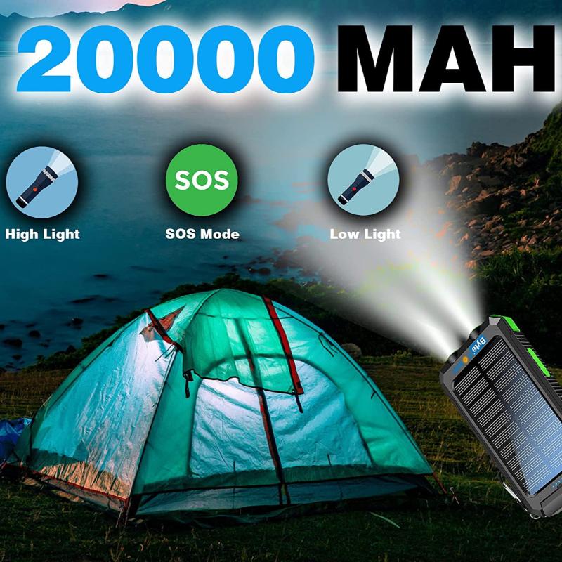 Solar Charger Power Bank 20000Mah, Portable Solar Pone Charger with Compass,Carabiner, Whistle,Flashlights,Solar Panel Charger, Camping Gear Accessory (Green)