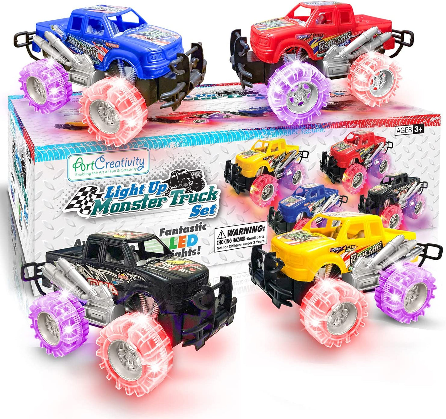Light up Monster Truck Set for Boys and Girls by Artcreativity - Set Includes 4, 6 Inch Monster Trucks with Beautiful Flashing LED Tires - Push N Go Toy Cars Fun Gift for Kids - for Ages 3+