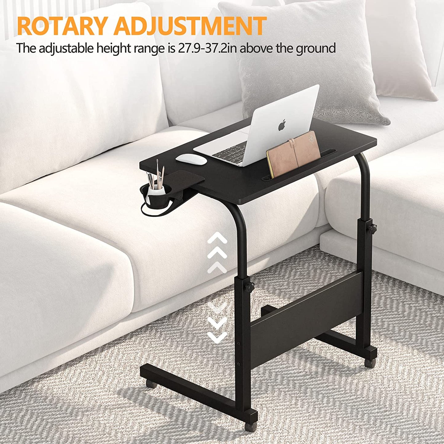 Standing Desk Adjustable Height, Stand up Desk with Cup Holder, Portable Laptop Desk, Mobile Standing Desk, Small Computer Desk, Bedside Table, Black Rolling Desk, Work Desk for Home Office