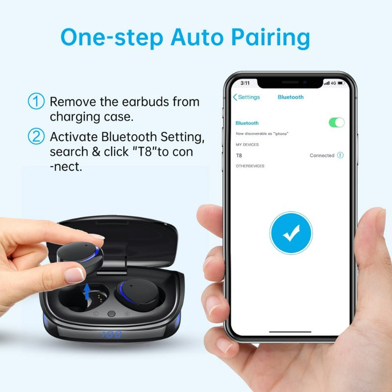 Bluetooth 5.0 Headphones IPX8 Waterproof, Hight-Fidelity Stereo Sound Quality in Ear Headset, Built-In Mic LED Charging Case & 21 Hours Playtime