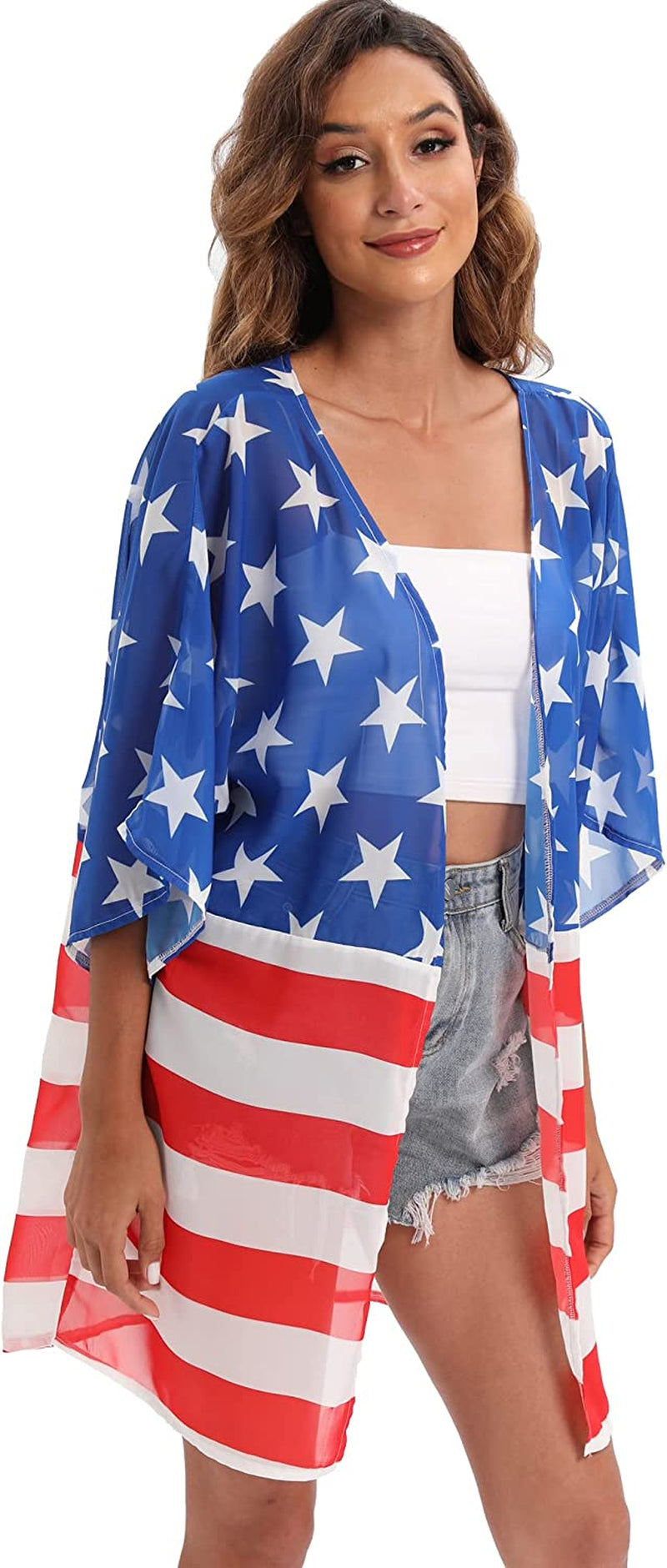 Women's American Flag Kimono Cover up Beachwear Cardigan Loose Tops Shirt Blouse