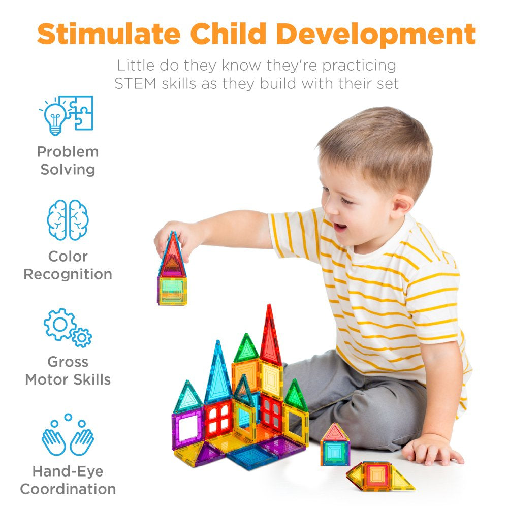 32-Piece Colorful Kids Mini Magnetic Tiles Educational STEM Toy Set W/ Carrying Case, Rounded Edges