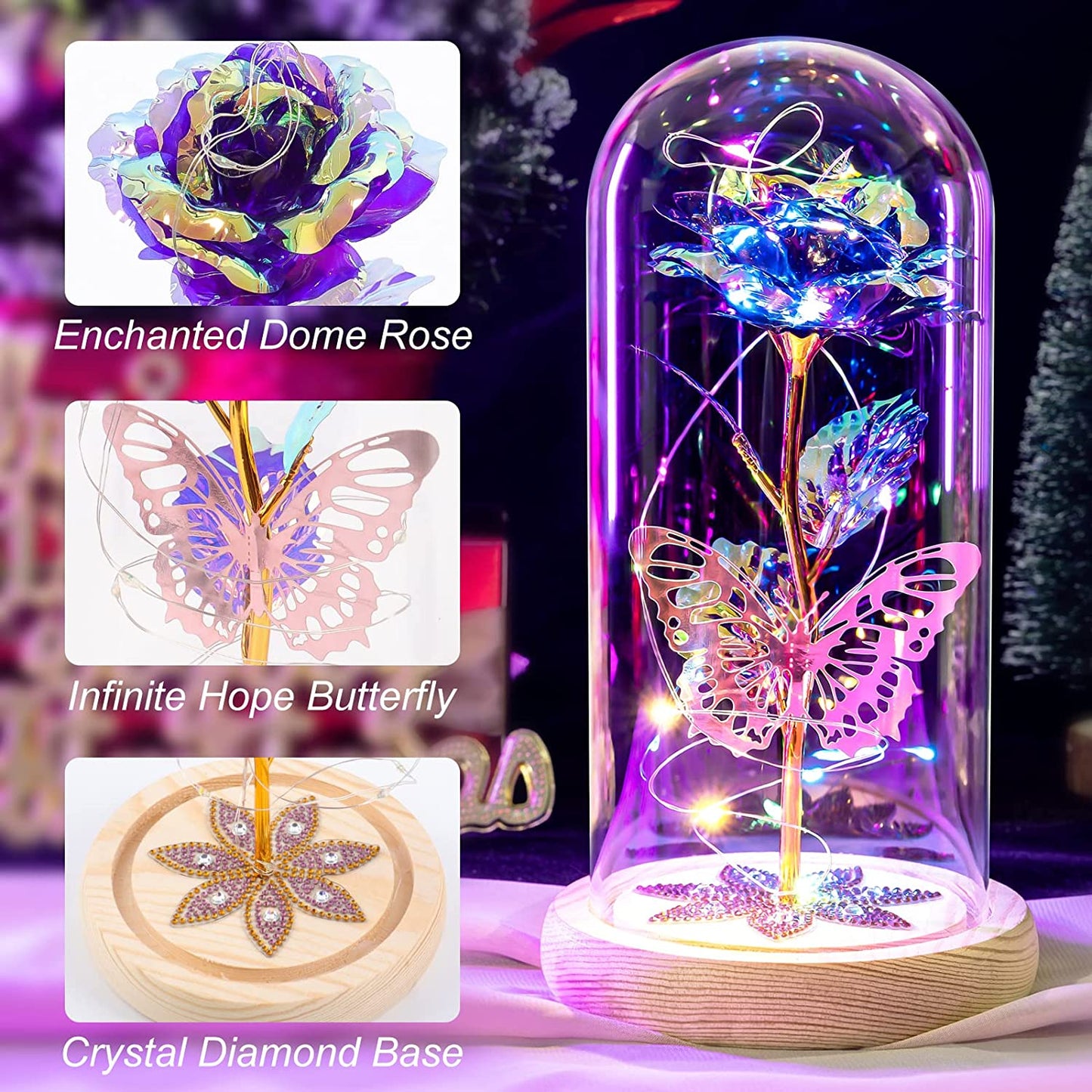 Galaxy Rose with Butterfly in Glass Dome for Her
