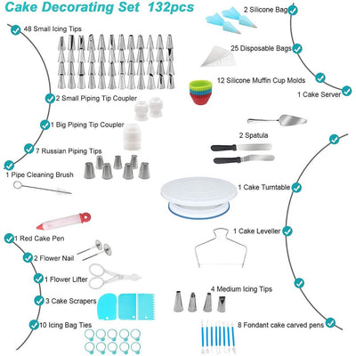 132Pcs Cake Decorating Tools with Cake Turntable Stand, Icing Piping Nozzles, Russian Tulip Tips & Baking Decorations Supplies Set