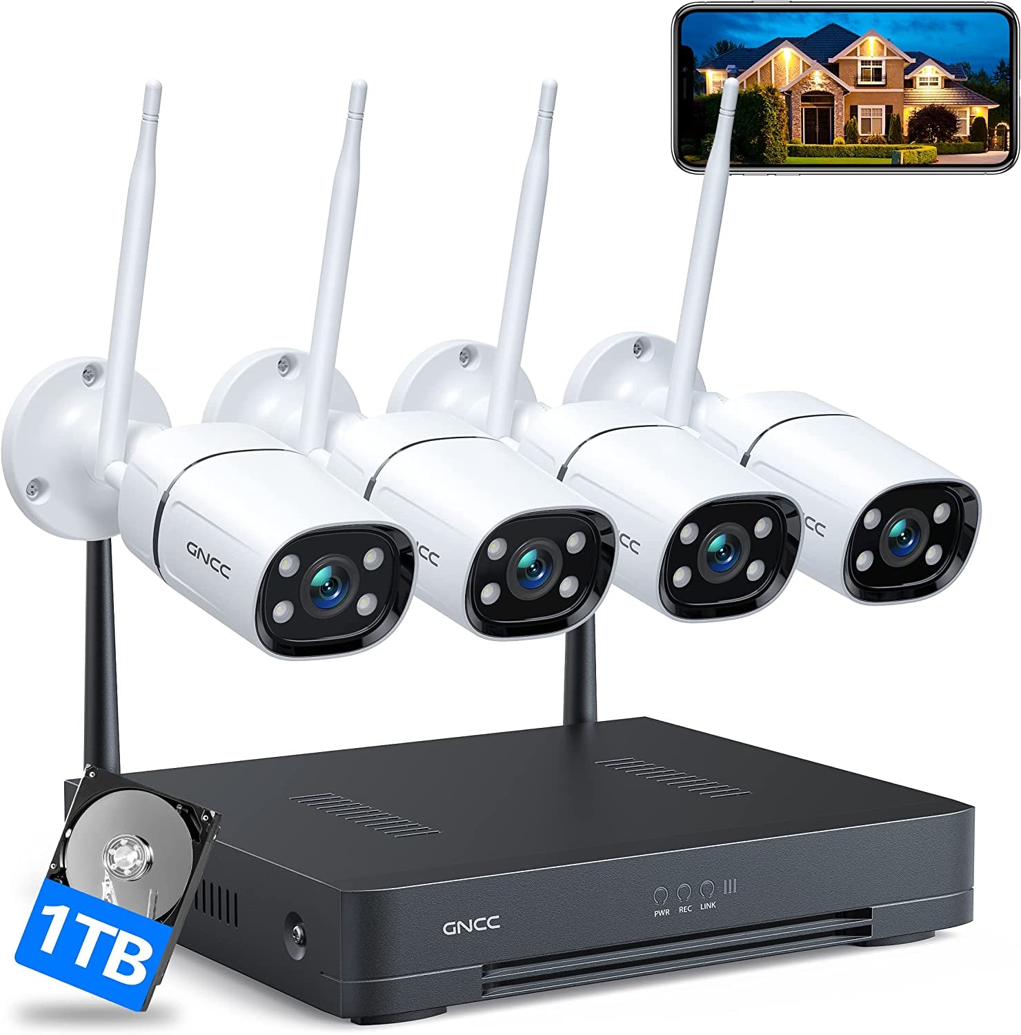 Security Camera System with 1TB HDD Wired, 8CH NVR 4Pcs Home Security Camera Outdoor with AI Face Detection, Color Night Vision, Ip66 Waterproof, Remote Access
