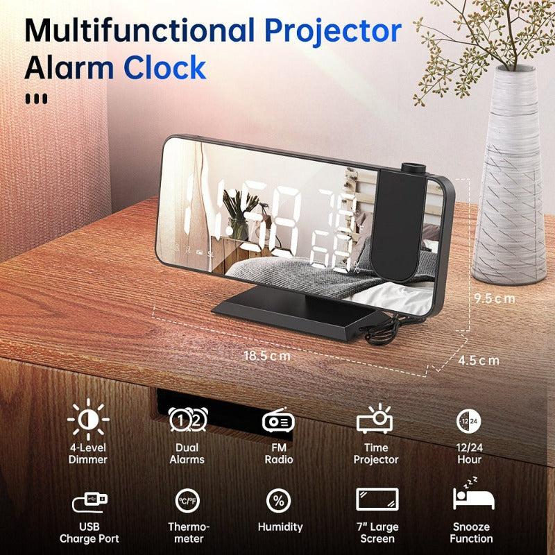 Projection Alarm Clock for Bedroom, Digital Alarm Clock Radio with USB Charger Ports, 7.3" Large LED Screen & 4 Adjustable Dimmer with Temperature & Humidity Display