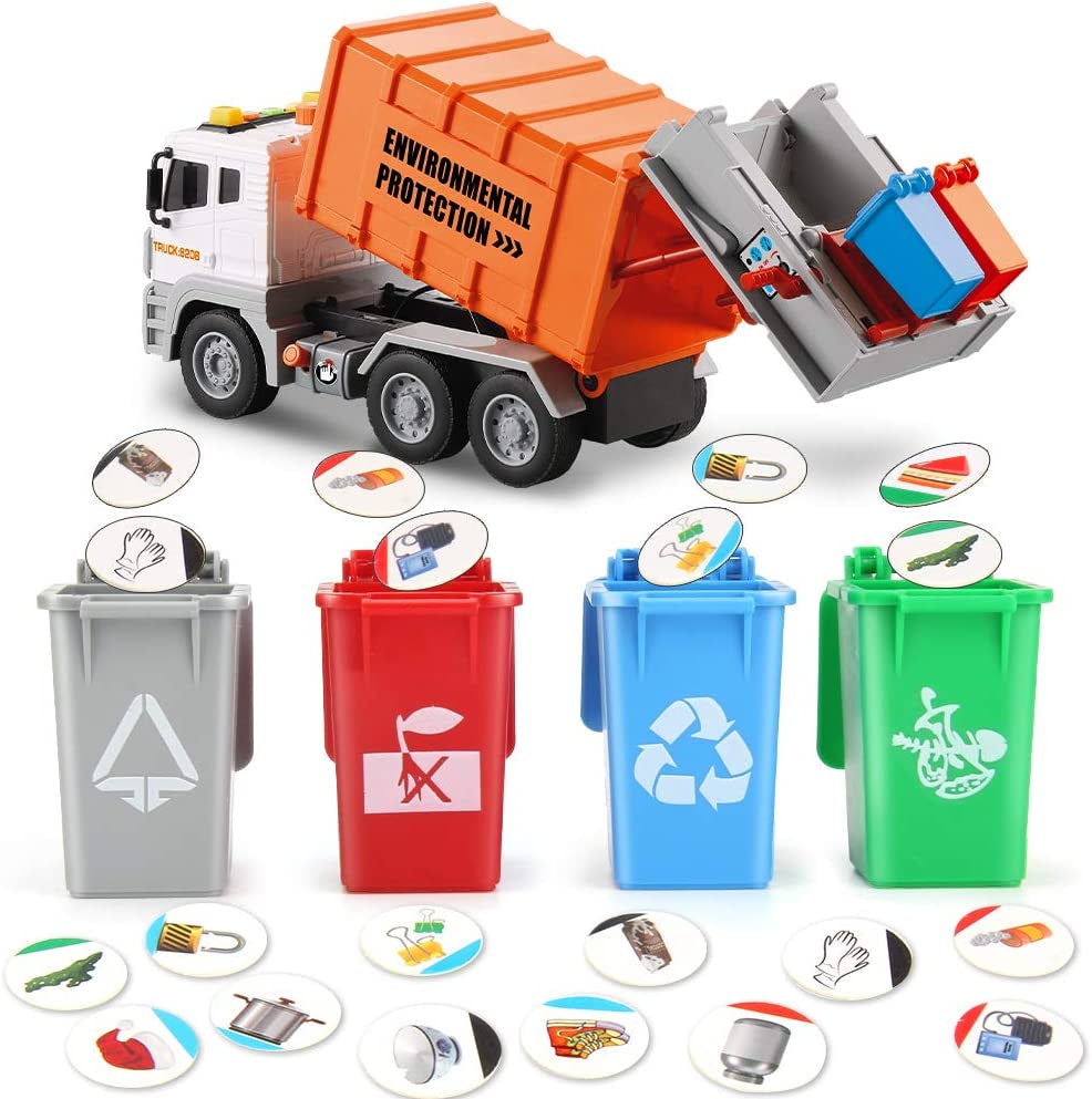 12" Garbage Truck Toys Trash Truck Dump Truck with 4 Garbage Cans, Friction Powered Truck with Sound and Light ,Push and Go Pull Back Car for Boys
