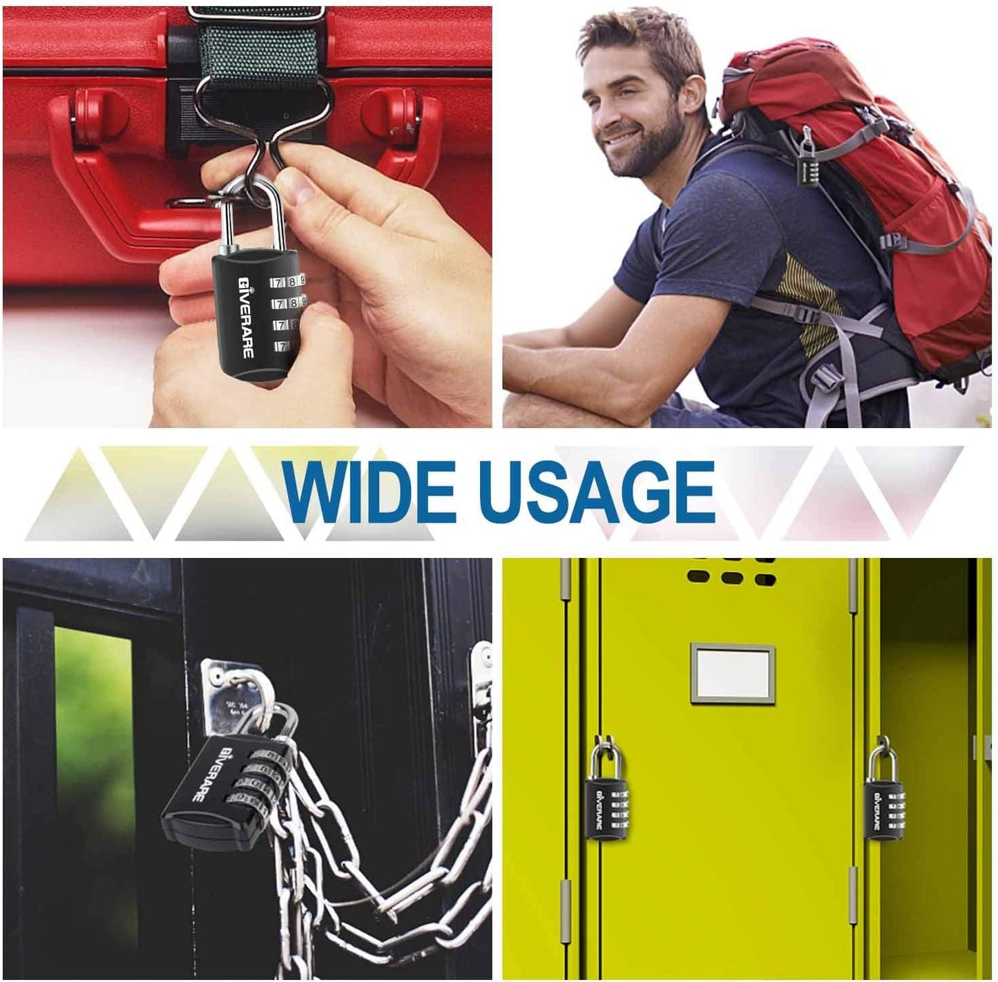 GIVERARE 4 Pack Combination Lock, 4-Digit Padlock Keyless, Resettable Luggage Locks for Backpack, Gym & School & Employee Locker, Weatherproof Travel Lock for Fence, Backyard Gate, Hasp, Case-Black