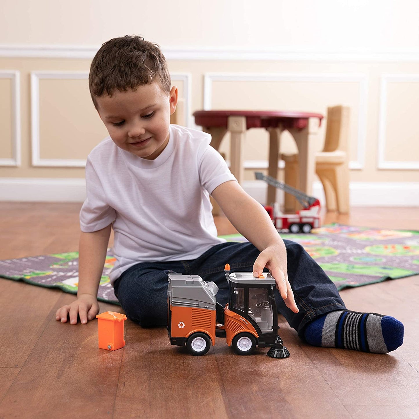 Street Sweeper Truck with Light & Sound Effects - Friction Powered Wheels, Removable Garbage Can & Rotating Brushes - Heavy Duty Plastic Cleaning Vehicle Toy for Kids & Children by Toy to Enjoy