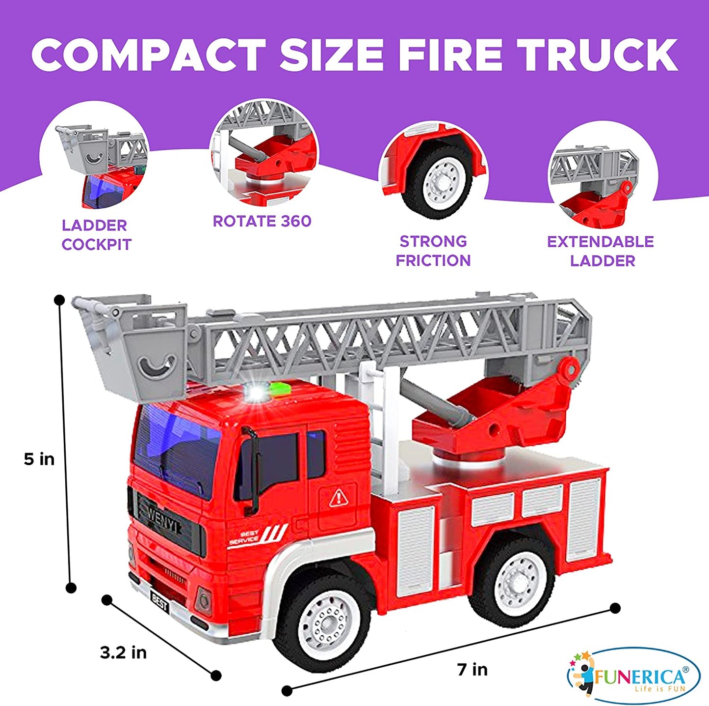Fire Truck Toy with Lights, Sounds, Sirens, Extendable Ladder, Powerful Friction Wheels, 5 Firemen, Firefighter Figures - Red Mini Firetruck Engine for Toddlers, Kids, Boys, Girls Ages 3-7