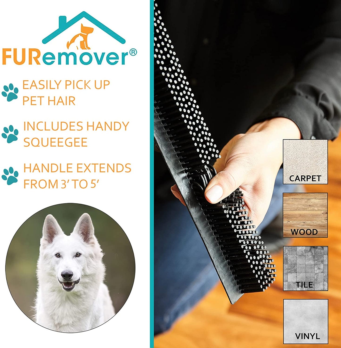 FURemover Pet Hair Remover Carpet Rake - Rubber Broom for Pet Hair Removal Tool with Squeegee & Telescoping Handle Extends from 3-5' Black & Yellow