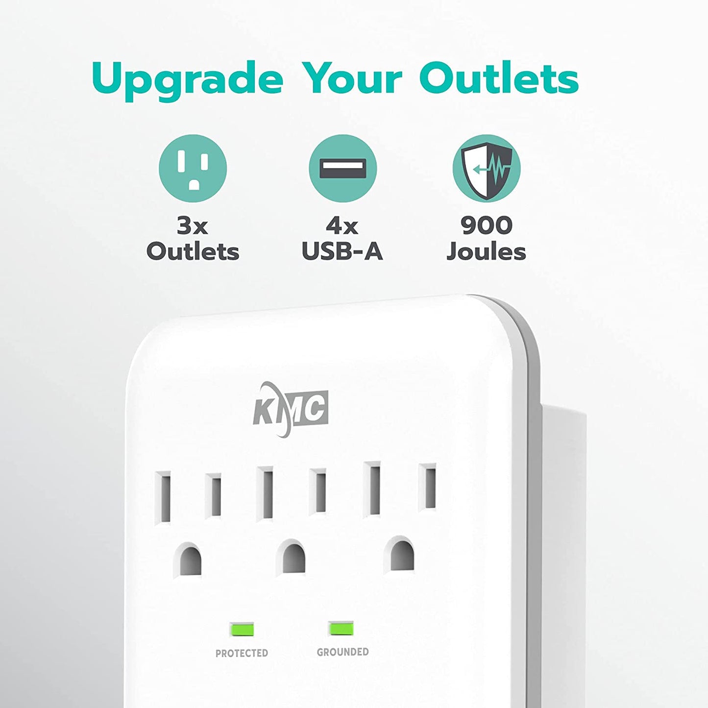 3-Outlet Wall Mount Surge Protector, 900 Joules, 4 USB 4.8 AMP USB Charging Ports, Phone Holder Cradle for Home, School or Office, ETL Certified