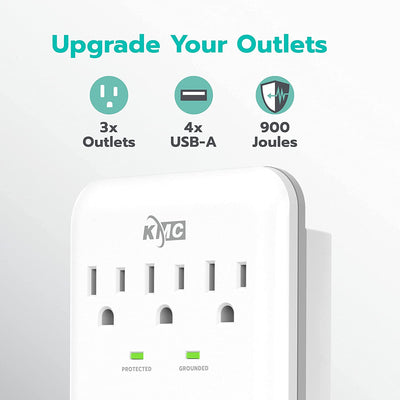 3-Outlet Wall Mount Surge Protector, 900 Joules, 4 USB 4.8 AMP USB Charging Ports, Phone Holder Cradle for Home, School or Office, ETL Certified