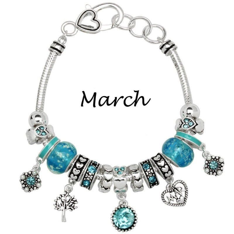 Birthstone Bracelet Multi-Color Charm Beads Silvertone