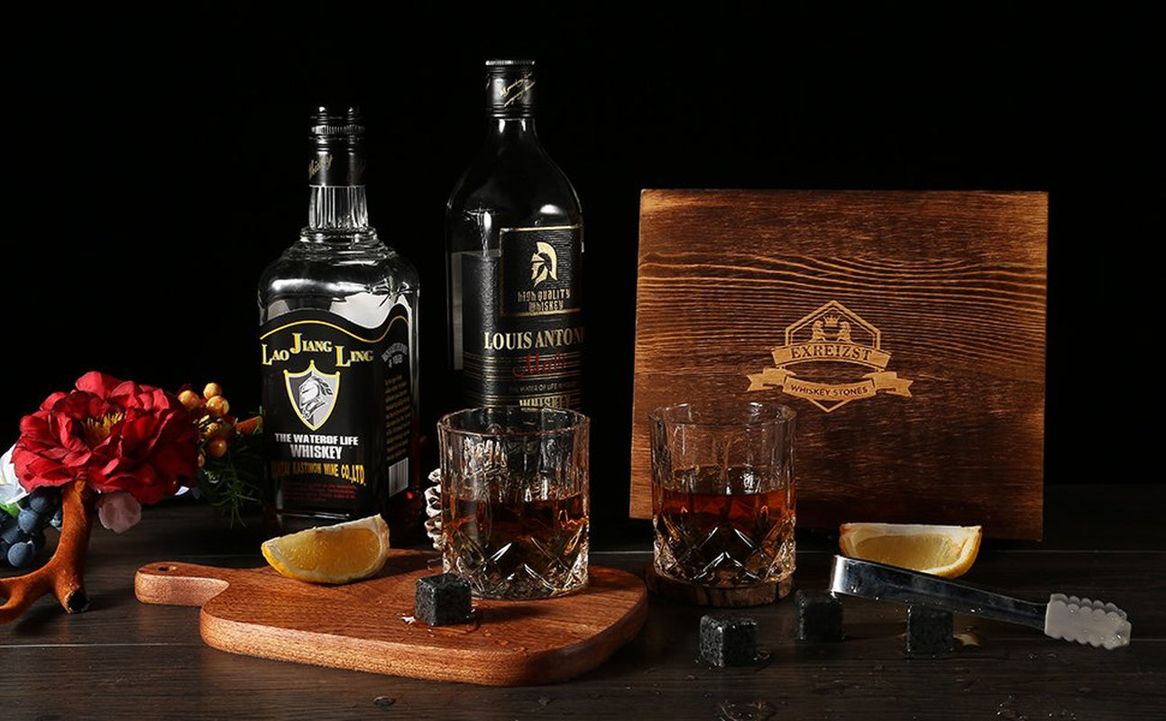 Whiskey Stones Glass Gift Set - Bourbon Scotch Whiskey Glass Set of 2 - Granite Chilling Rocks in Premium Wooden Box