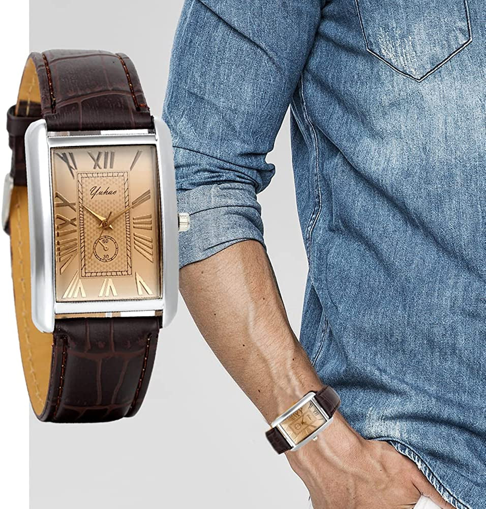 Retro Vintage Square Quartz Analog Watch Silver Tone Case Crocodile Pattern Brown Leather Business Casual Dress Wrist Watch for Christmas