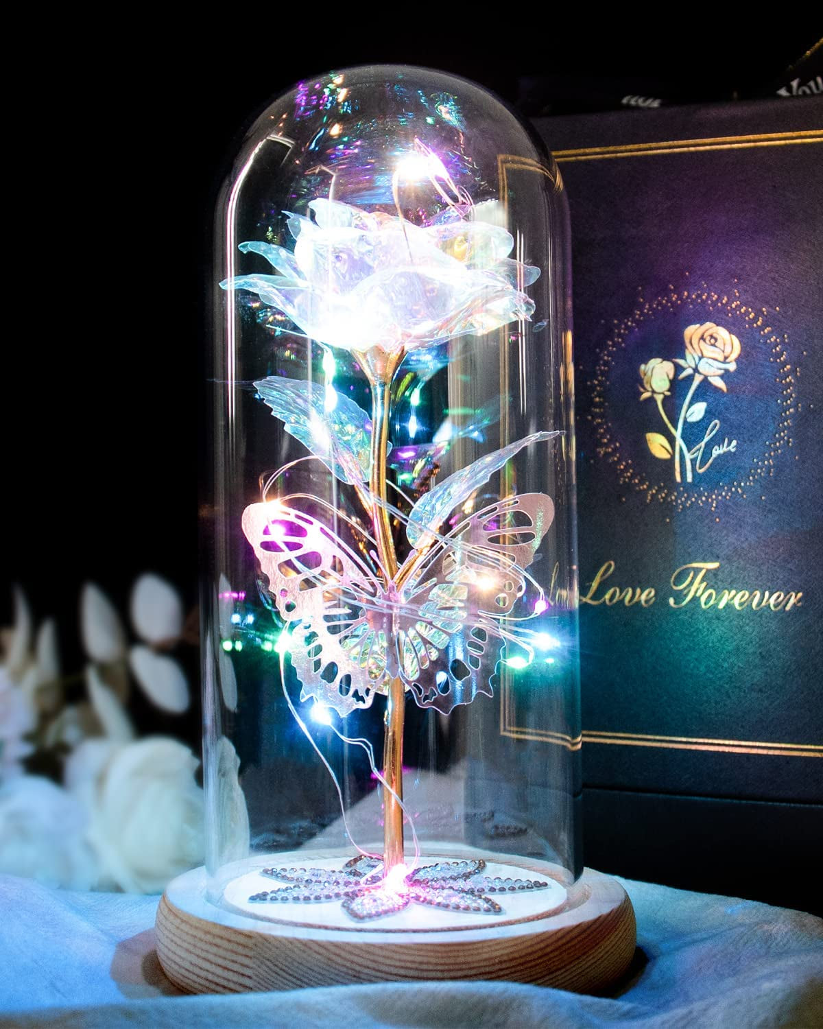 Galaxy Rose with Butterfly in Glass Dome for Her