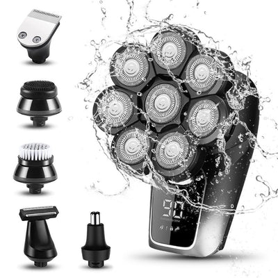 6 in 1 - 8D Head Electric Bald Head Shaver, Cordless,  IPX6 Waterproof, Rechargeable Electric Razor LED Display, Wet/Dry Use
