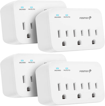3 Outlet Surge Protector (4 Pack), 1200J Wall Mount Multi Plug Adapter Tap Extender, 1875 Watts Portable Travel Size for Indoor, Office, Dorm Room Essential, Grounded, ETL Listed