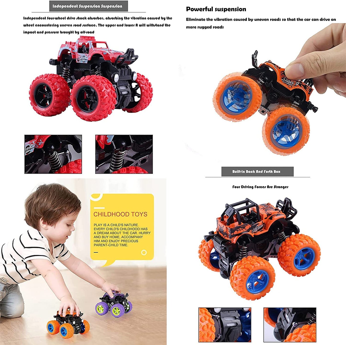 Monster Truck for Boys 3 4 5 6 7 Year Old,4 Pack Push and Go Friction Powered Car Toys, Double-Directions Inertia Pull Back Vehicle Set,Birthday Party Gift for Kids