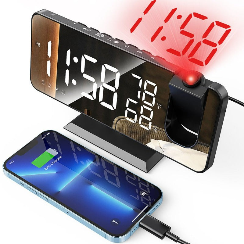Projection Alarm Clock for Bedroom, Digital Alarm Clock Radio with USB Charger Ports, 7.3" Large LED Screen & 4 Adjustable Dimmer with Temperature & Humidity Display
