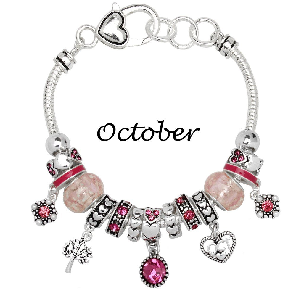 Birthstone Bracelet Multi-Color Charm Beads Silvertone