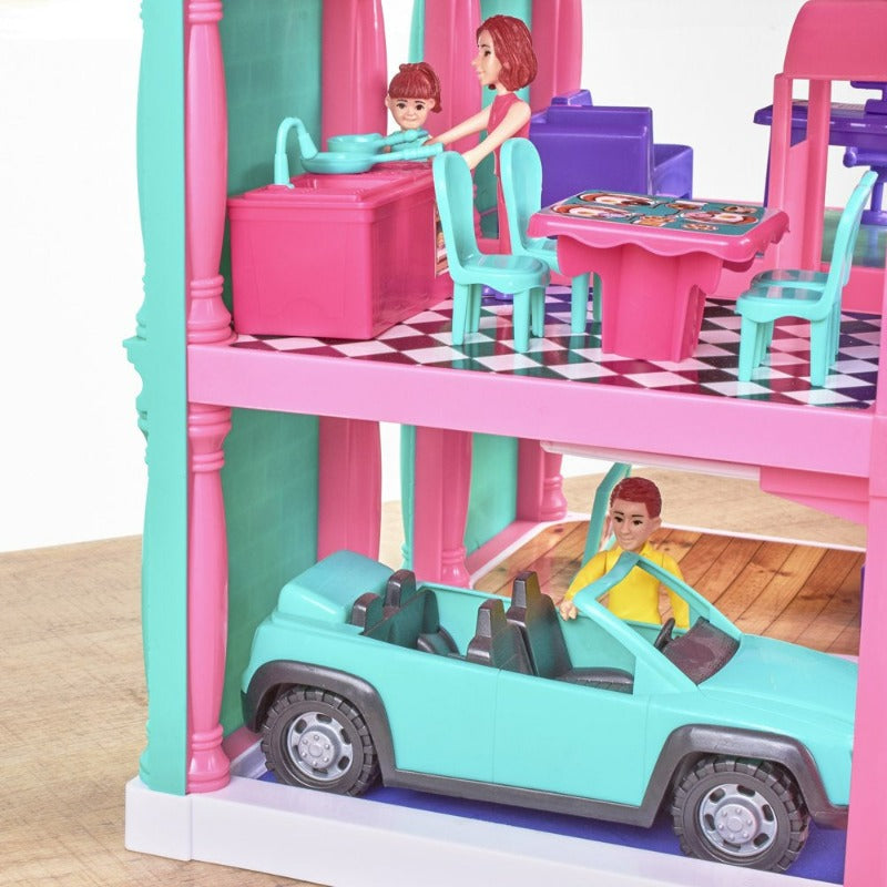 3-Story Dollhouse Play Set with Working Garage and Elevator, 24 Pieces