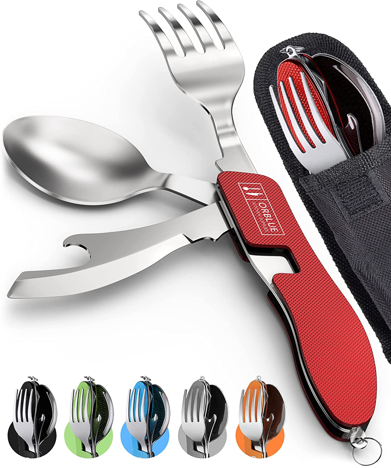 Orblue 4-in-1 Camping Utensils, 2-Pack - Portable Stainless Steel Spoon, Fork, Knife & Bottle Opener Combo Set - Travel, Backpacking Cutlery Multitool, Blue