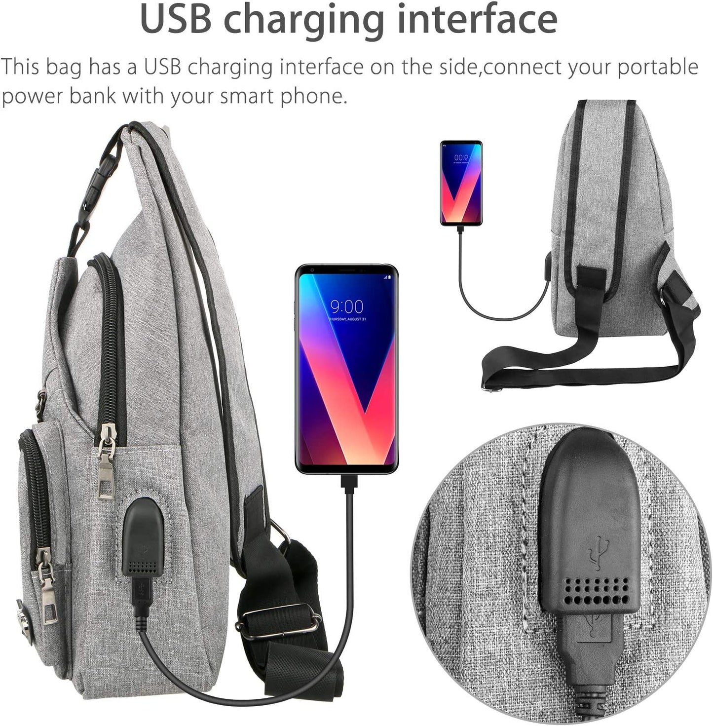 Crossbody Sling Backpack Sling Bag, Eeekit Backpack Crossbody Travel Bag for Men and Women, Console Joy-Cons and Accessories, Charge Your Phone via the Side USB Charging Interface (Grey)