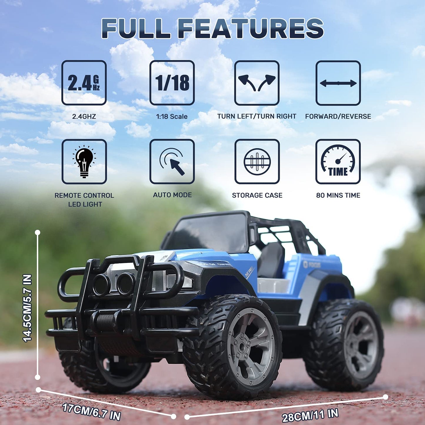 Remote Control Car RC Racing Cars,1:18 Scale 80 Min Play 2.4Ghz LED Light Auto Mode off Road RC Trucks with Storage Case,All Terrain SUV Jeep Cars Toys Gifts for Boys Kids Girls Teens,Blue