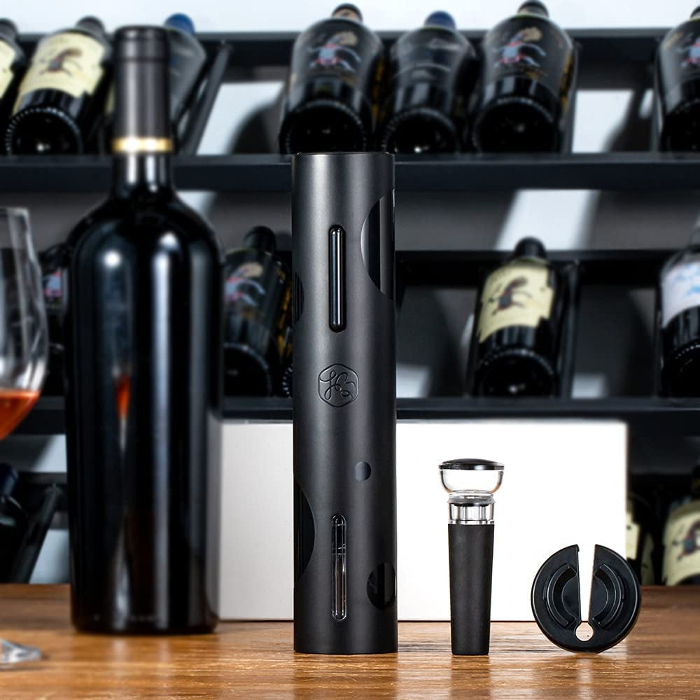 Electric Wine Opener set, Automatic Corkscrew for Wine Bottles with Foil Cutter Vacuum Stopper, Battery Operated Cordless Black Wine Opener for Wine Lovers Kitchen Home Bar