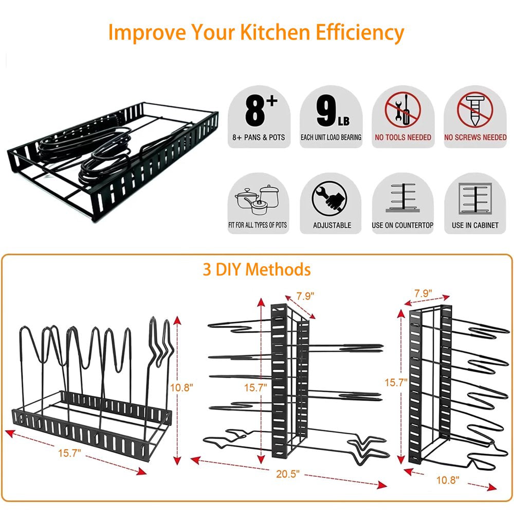Pot Rack Organizers 8 Tiers Pots and Pans Organizer Kitchen Cabinet Storage Metal Holders