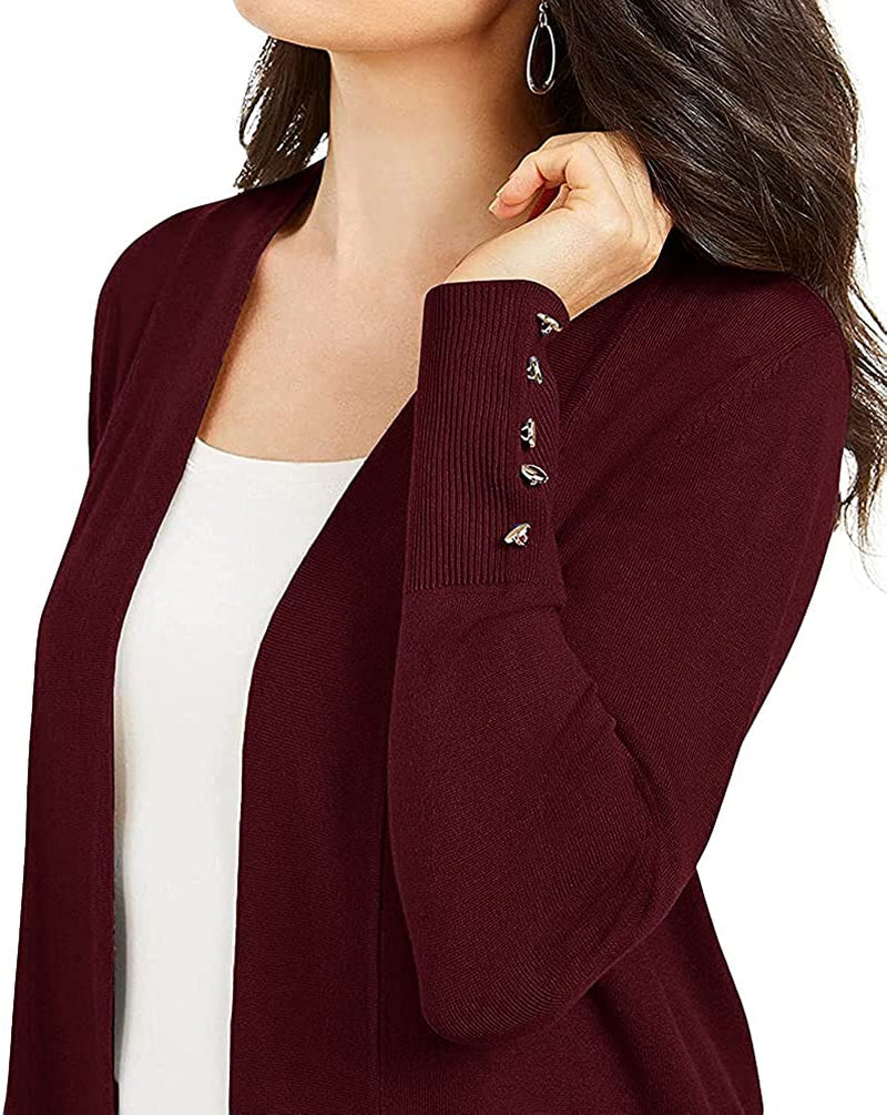 Womens Sweaters Cardigans Open Front Cufflinks Long Sleeve Knit Casual Tops with 2 Pockets