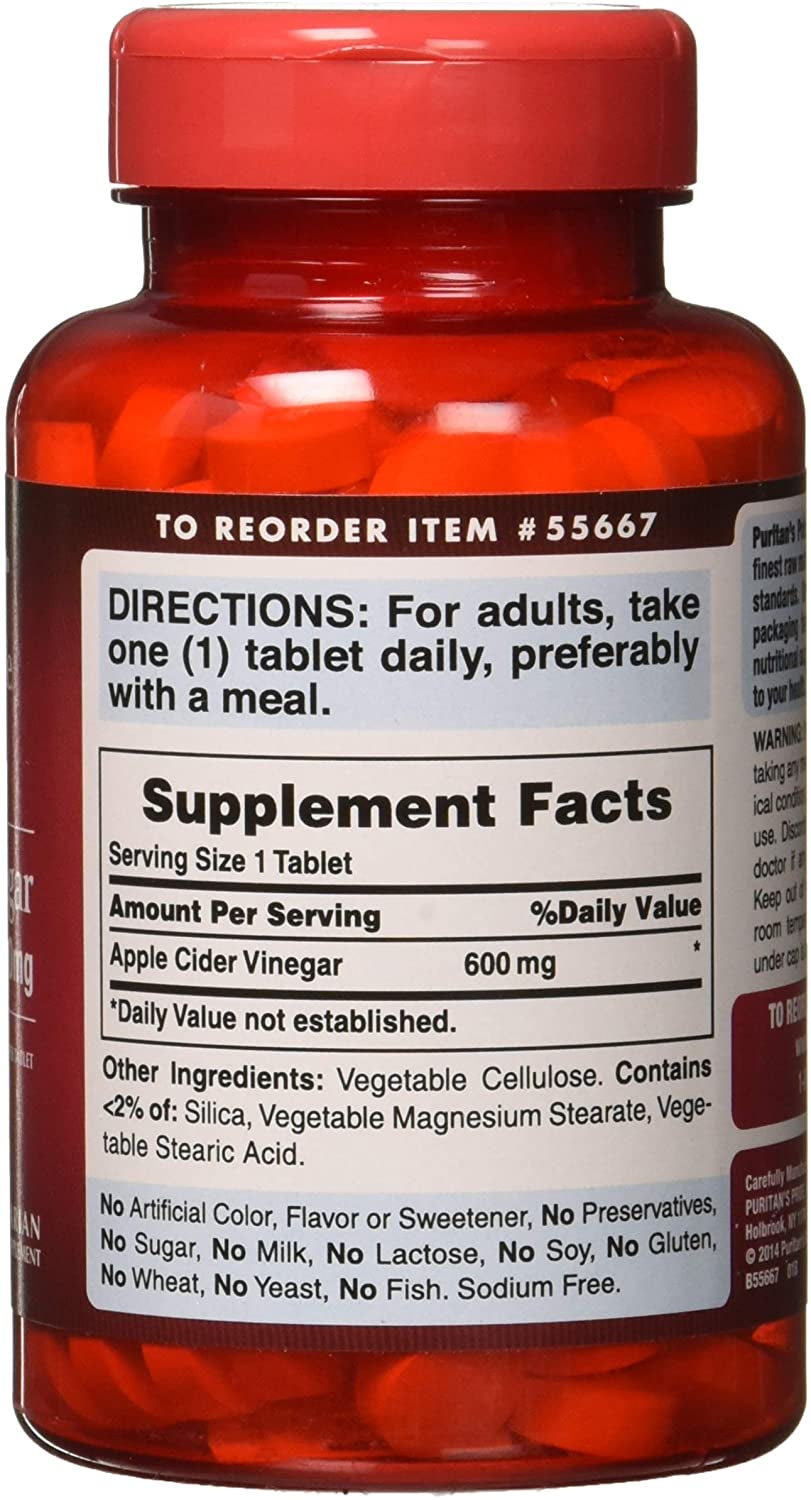 Puritans Pride Apple Cider Vinegar 600 Mg Vegetarian Formula Tablets, 200 Count