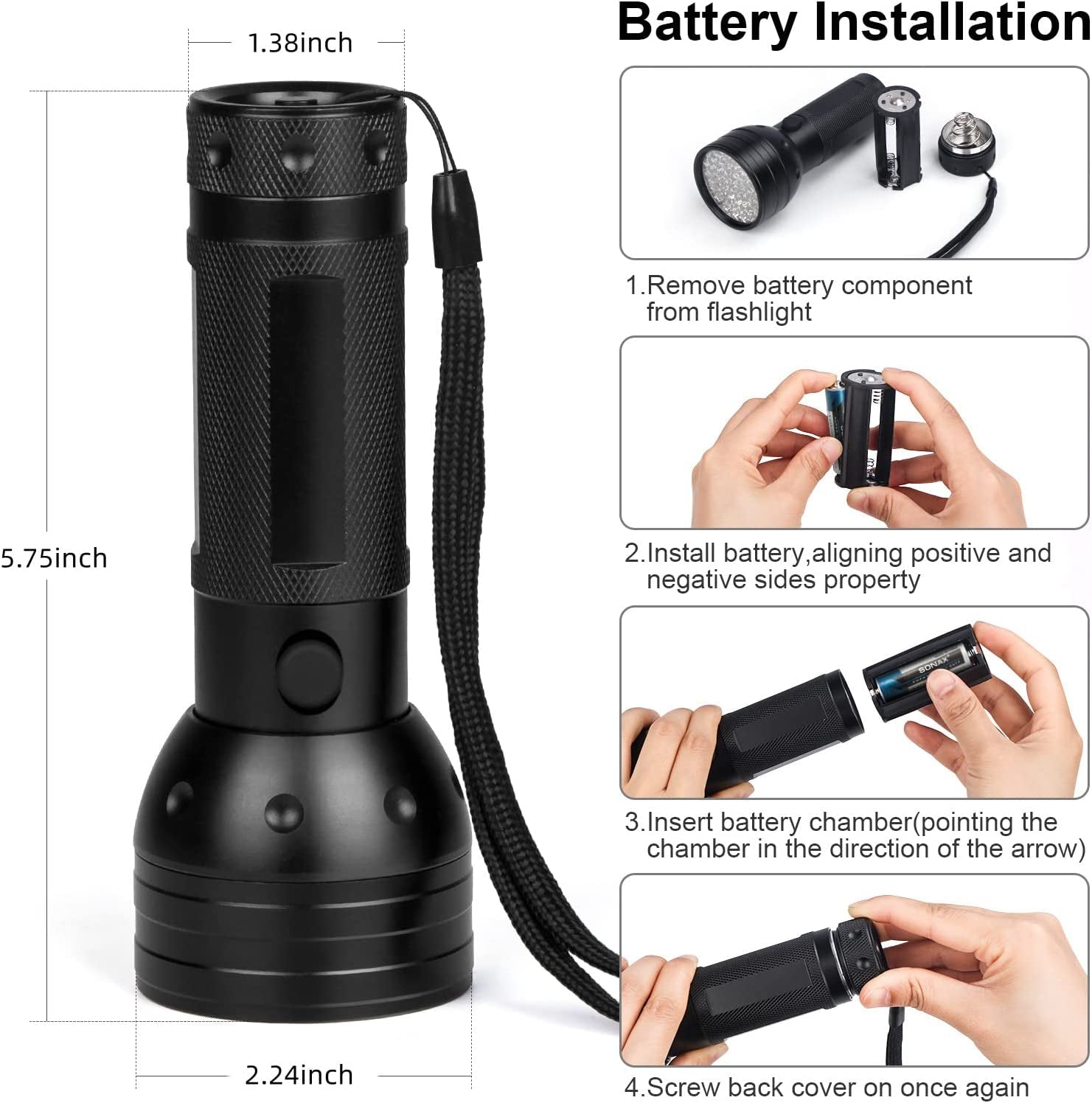 Black Light UV Flashlight, 51 LED Blacklight Flashlights 395 Nm Pet Urine Detector with 3 Pack AA Batteries for Cat Urine, Stains, Bed Bug (Black)