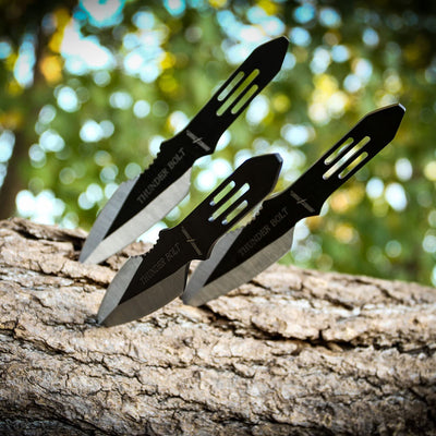 Perfect Point Throwing Knives – Set of 3 – Black/Satin Finish Blades W/ Thunder Bolt Etching, Black Stainless Steel Handles, Nylon Sheath, Full Tang, Well Balanced, Throwing Sport Knives – RC-595-3