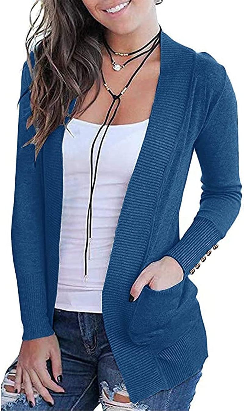Womens Sweaters Cardigans Open Front Cufflinks Long Sleeve Knit Casual Tops with 2 Pockets