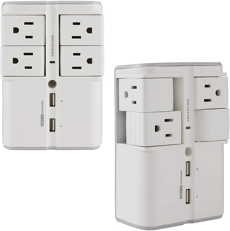 On-Wall Surge Protector with 4 Pivoting AC Outlets & 2 USB Ports – Packs 1080 Joules of Surge Protection & Installs on Existing Outlets to Protect Your Gear