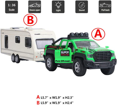 Monster Pickup Truck Trailer with Toy Camper RV Motorhome Toys for Boys Diecast Model Car Metal Toy Cars 1/36 Scale Off-Road SUV Pull Back Friction Powered Doors Open Light Sound Kids Gifts, Green