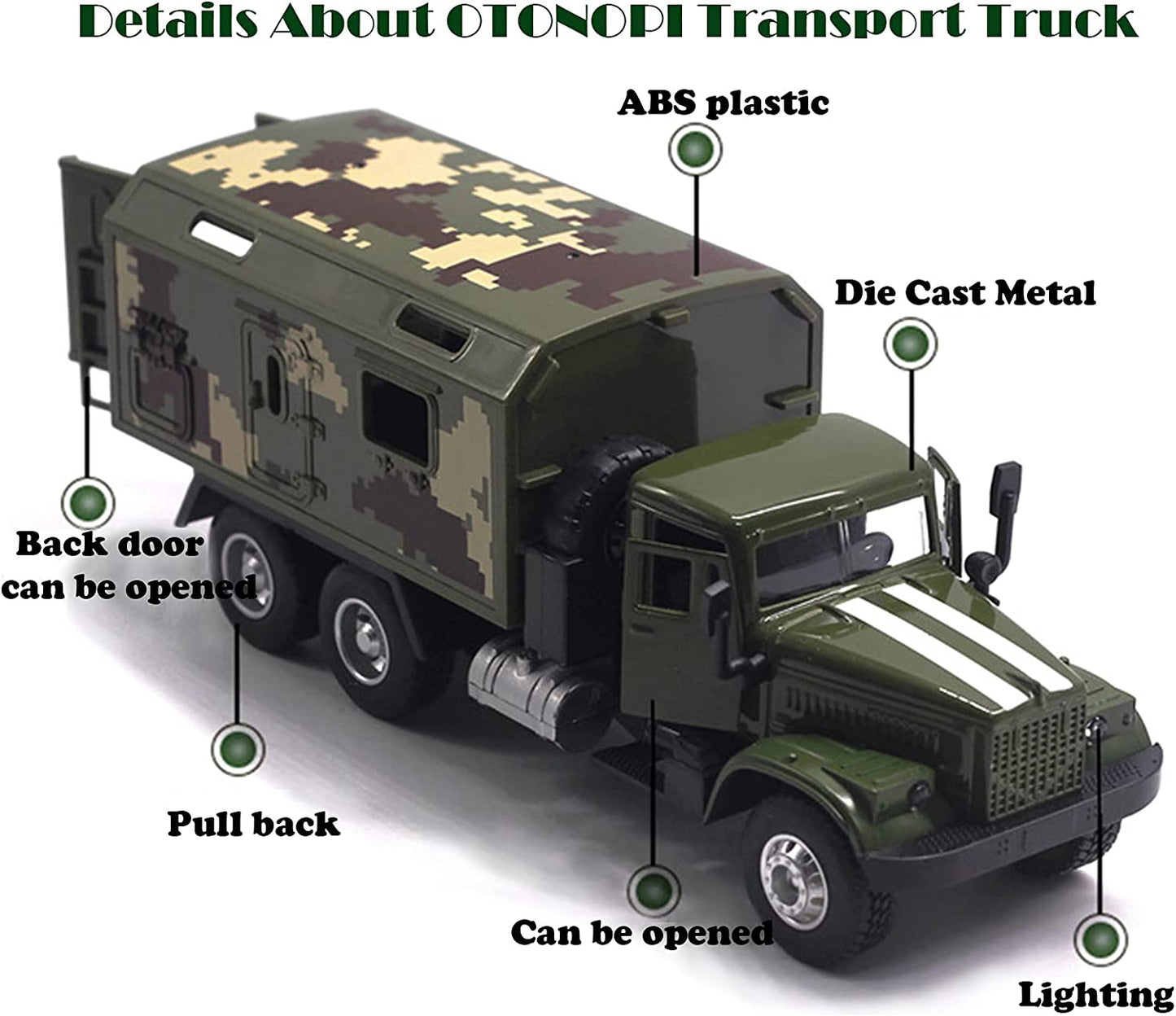 Military Truck Army Armored Model Car Treatment Transport Vehicle Metal Diecast Pull Back Toy with Lights and Sounds